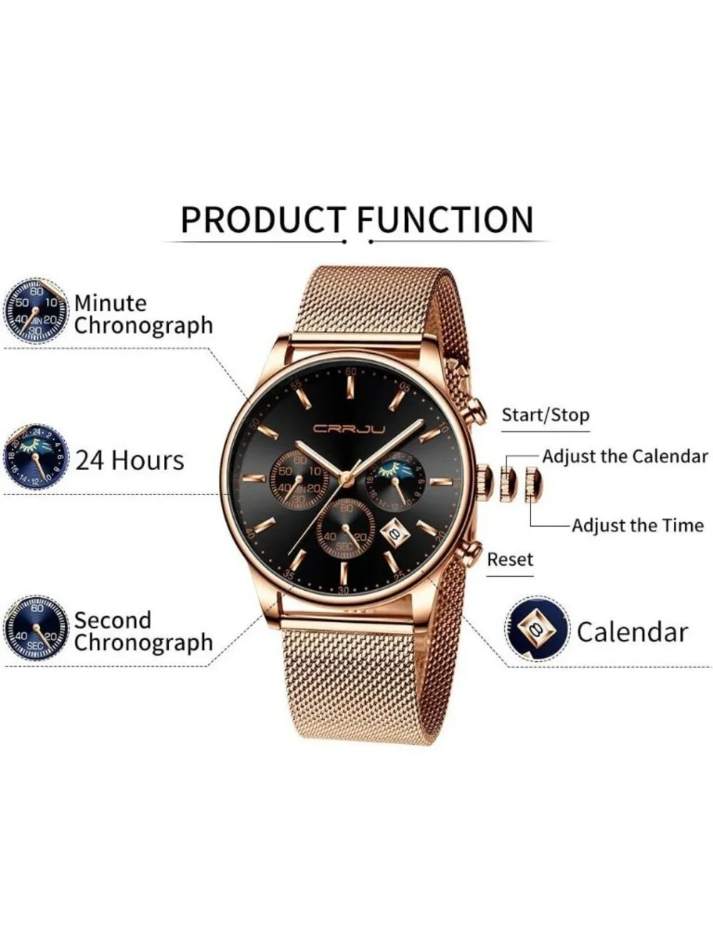 Men's Rose Black Chronograph Auto Date Steel Quartz with Mesh Strap Wristwatch